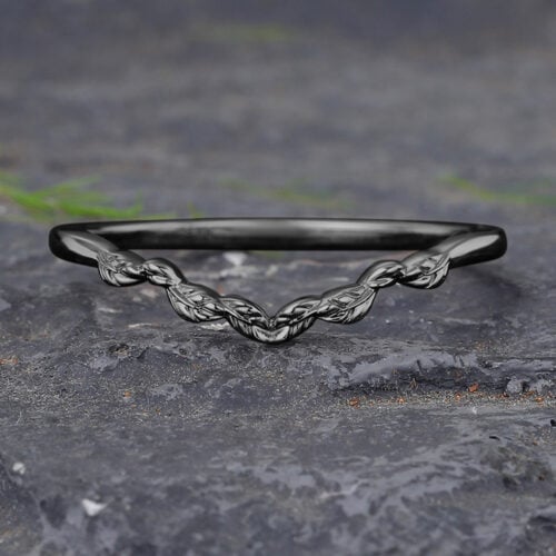 Black Gold Leaf Wedding Band Stacking Ring for Women