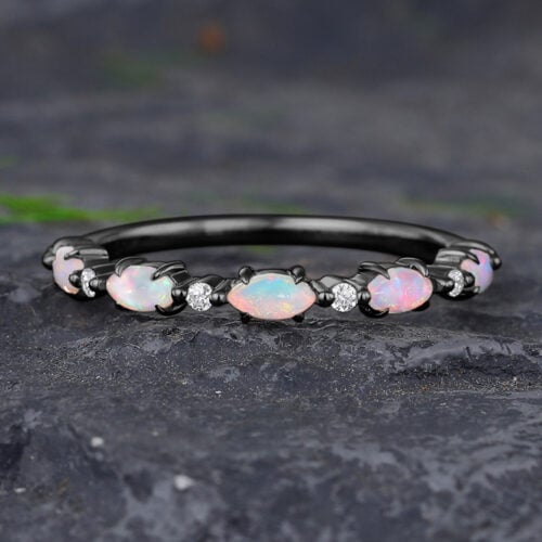 Black Gold Marquise Cut Opal and Diamond Half Eternity Wedding Band