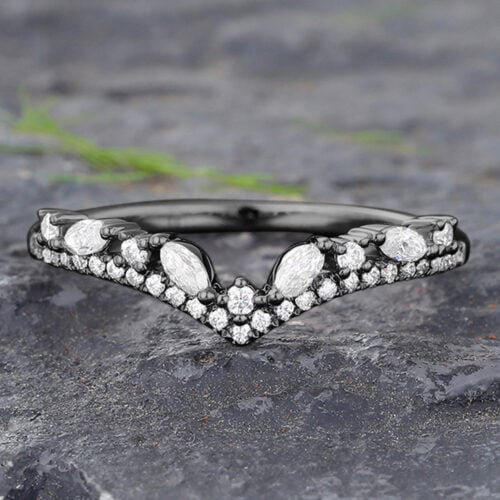 Black Gold Moissanite Cluster Wedding Band Curved Wedding Ring