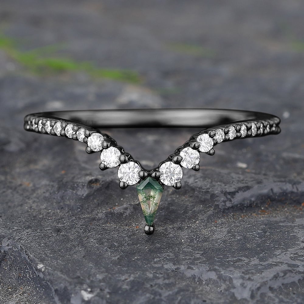 Black Gold Moss Agate Curved Wedding Band Pavé Diamond Ring