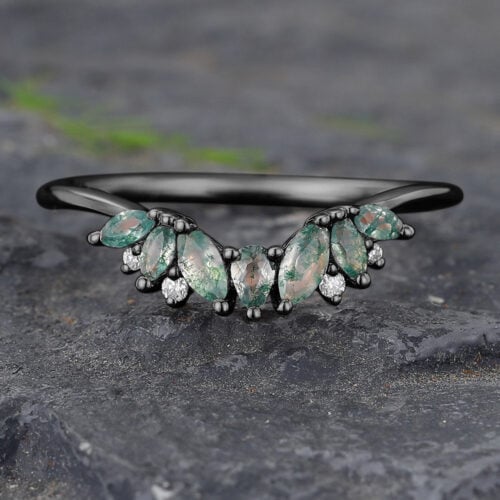 Black Gold Natural Inspired Moss Agate Curved Wedding Band