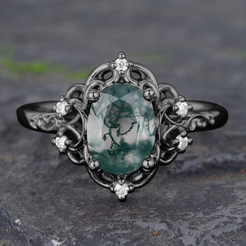 Black Gold Oval Cut Moss Agate Engagement Ring Filigree Halo Ring