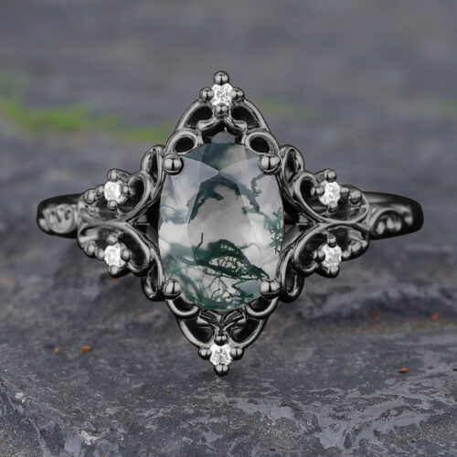 Black Gold Oval Cut Moss Agate Engagement Ring Filigree Split Shank Ring