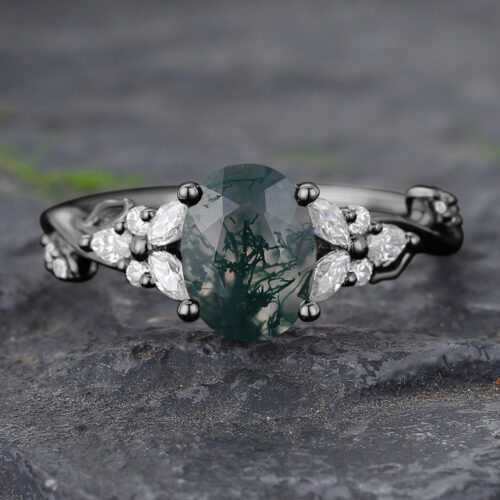 Black Gold Oval Cut Moss Agate Floral Cluster Engagement Ring
