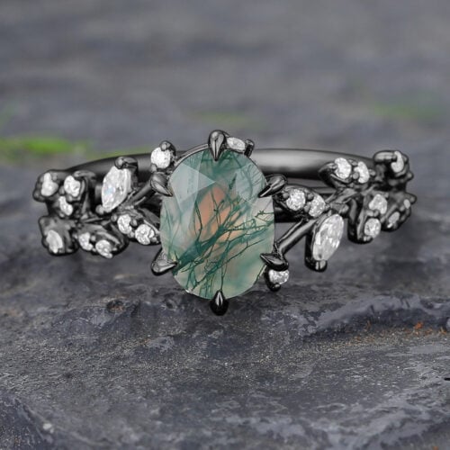 Black Gold Oval Cut Moss Agate Leaf Design Engagement Ring