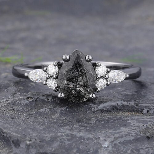 Black Gold Vintage Pear Black Rutilated Quartz Engagement Ring