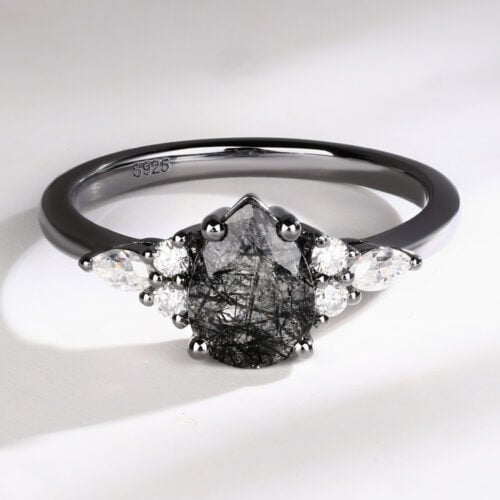 Black Gold Vintage Pear Black Rutilated Quartz Engagement Ring
