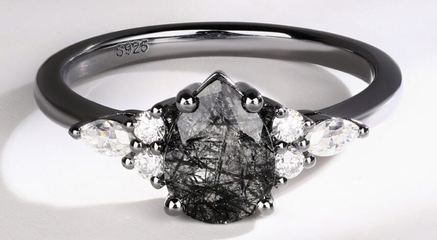 Black Gold Vintage Pear Black Rutilated Quartz Engagement Ring (7) Black Gold Vintage Pear Black Rutilated Quartz Engagement Ring (7)