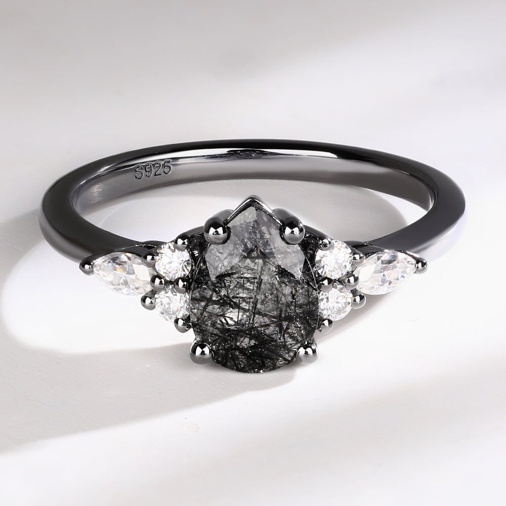 Black Gold Vintage Pear Black Rutilated Quartz Engagement Ring