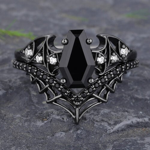 Coffin-Shaped Black Onyx Engagement Ring Set 2PCS Gothic Ring Set