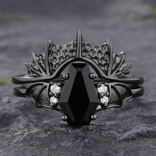 Coffin-Shaped Black Onyx Engagement Ring Set Batwing Gothic Design