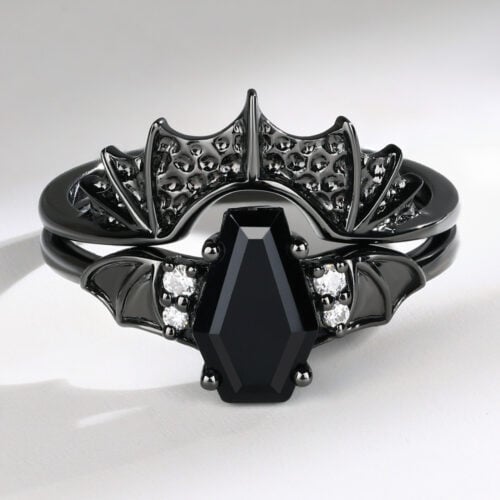 Coffin-Shaped Black Onyx Engagement Ring Set Batwing Gothic Design