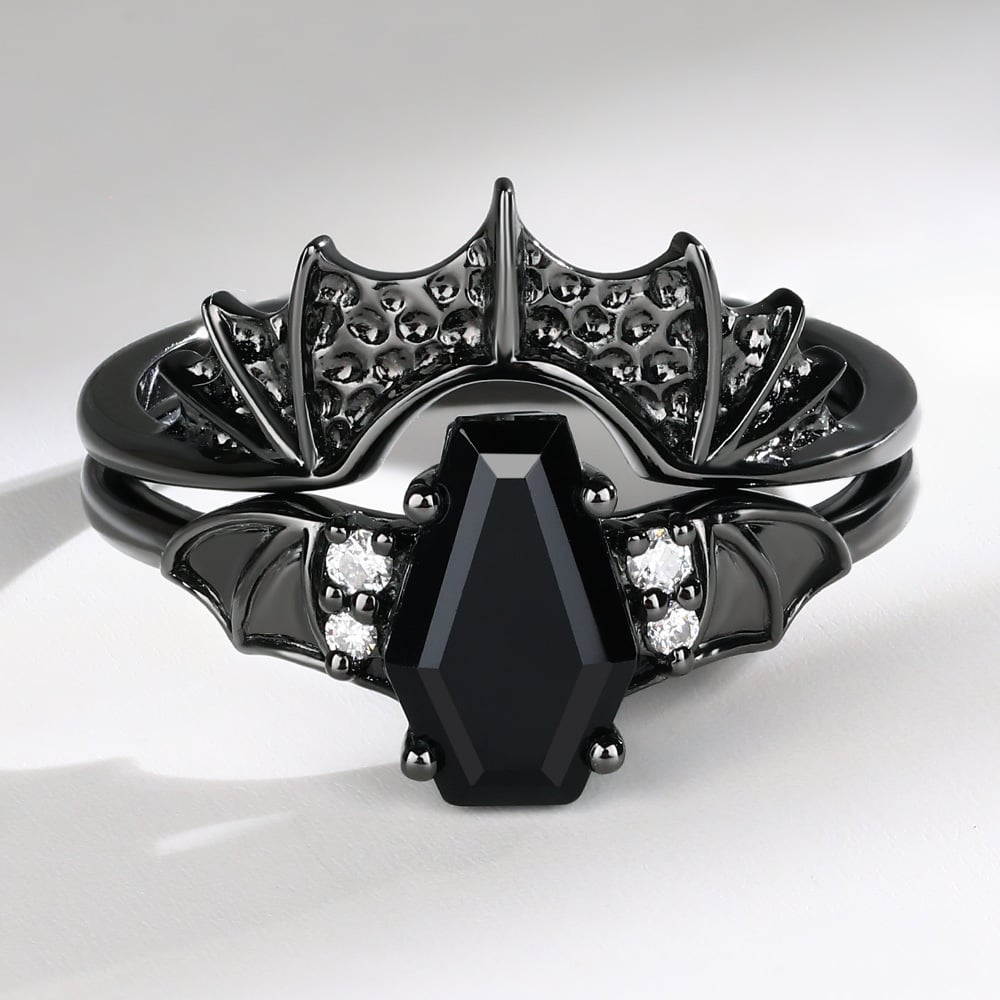 Coffin-Shaped Black Onyx Engagement Ring Set Batwing Gothic Design