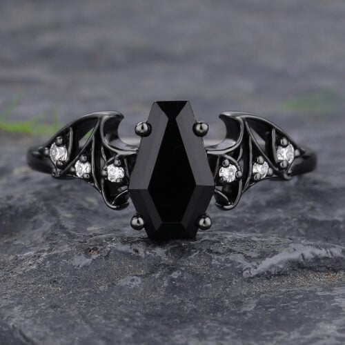 Coffin-Shaped Black Onyx Engagement Ring with Batwing Design