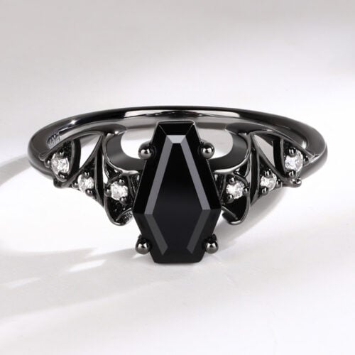 Coffin-Shaped Black Onyx Engagement Ring with Batwing Design