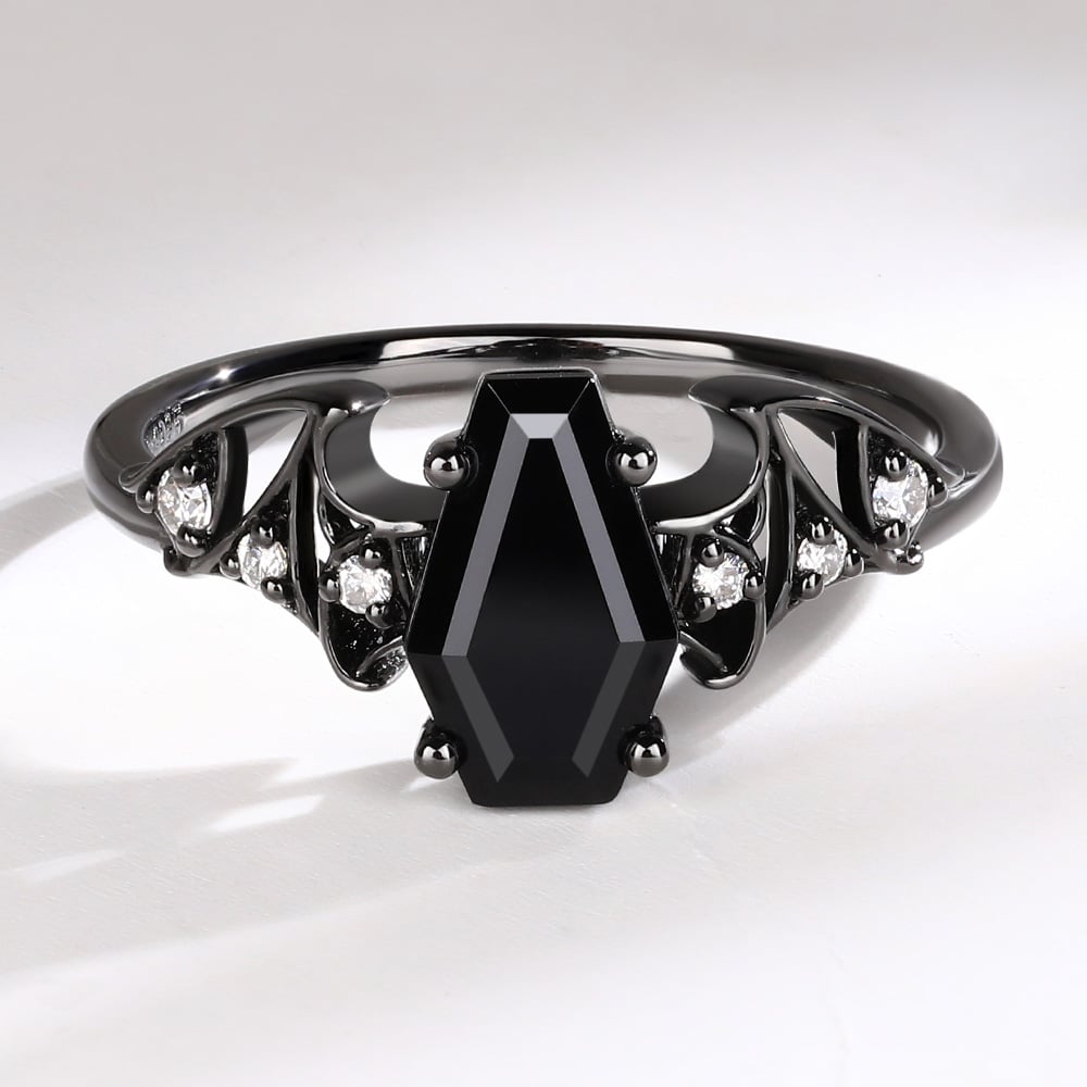 Coffin-Shaped Black Onyx Engagement Ring with Batwing Design