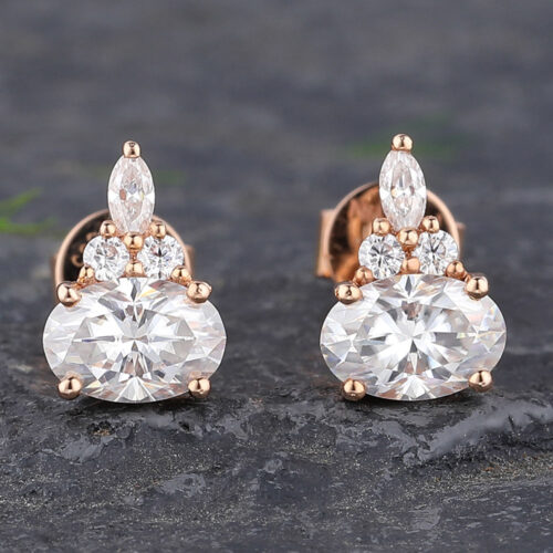East-West Oval Moissanite Cluster Stud Earrings