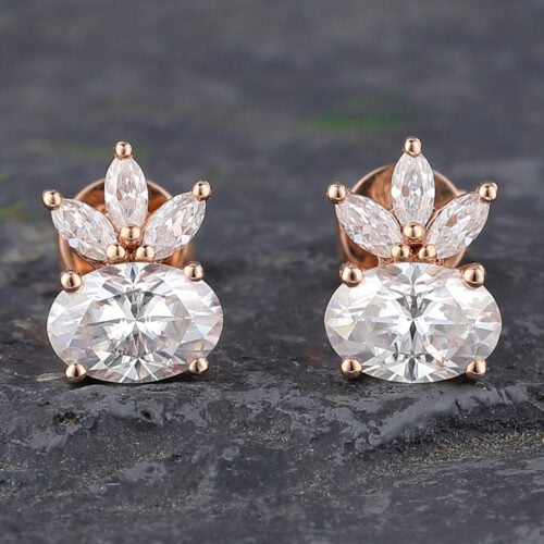 East-West Oval Moissanite Stud Earrings with Marquise Accents