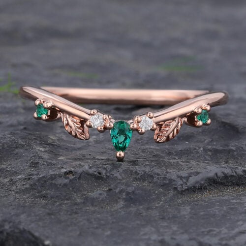 Emerald & Diamond Curved Wedding Band with Leaf Details