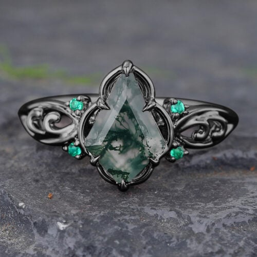 Filigree Black Gold Kite Cut Moss Agate Engagement Ring
