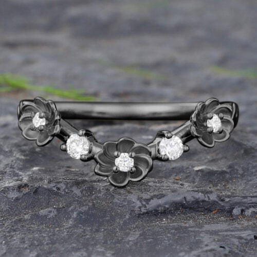 Floral Black Gold Moissanite Curved Wedding Band
