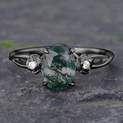 Floral Oval Cut Moss Agate Split Shank Engagement Ring Black Gold