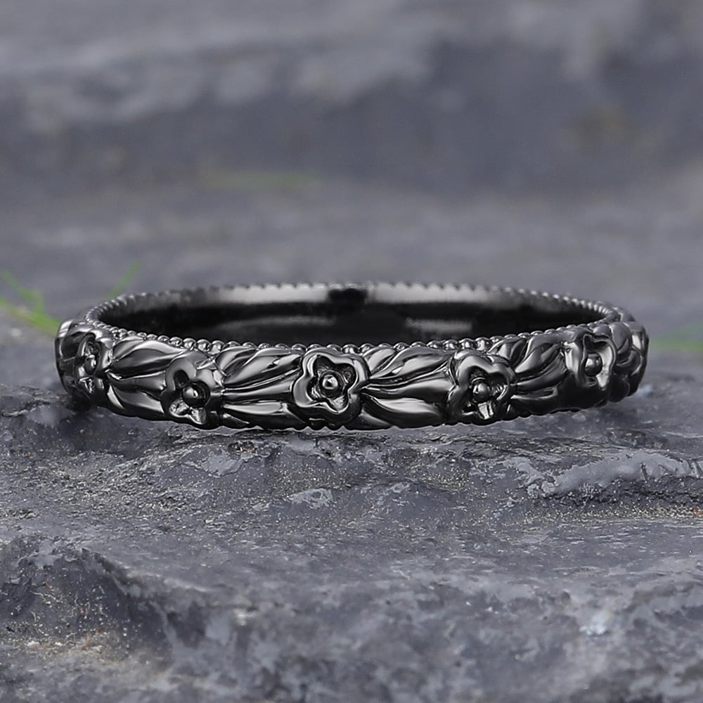 Flower Engraved Wedding Band Solid Gold