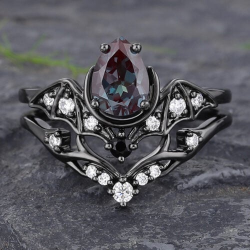 Gothic Pear Shaped Alexandrite Engagement Ring Set Batwing Design