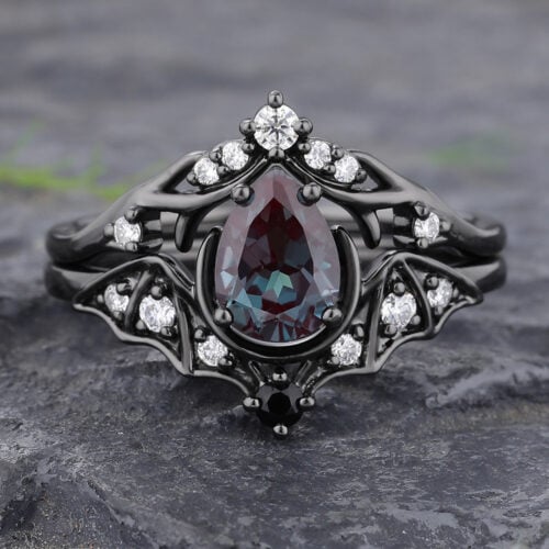 Gothic Pear Shaped Alexandrite Engagement Ring Set Batwing Design