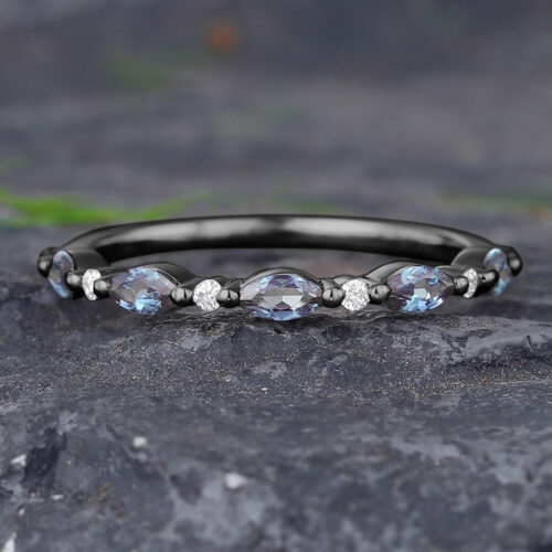 Half Eternity Alexandrite Wedding Band Black Gold Anniversary Ring