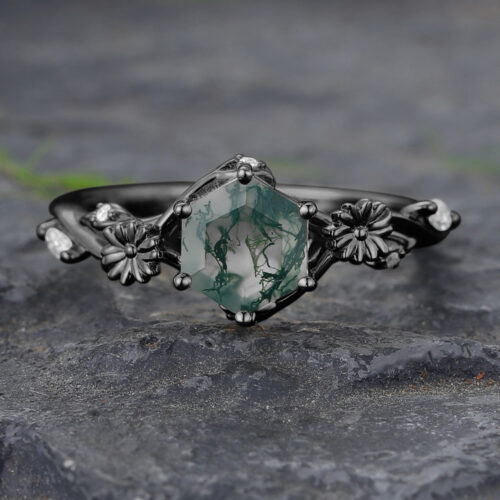 Hexagon Cut Moss Agate Engagement Ring Floral Inspired Black Gold
