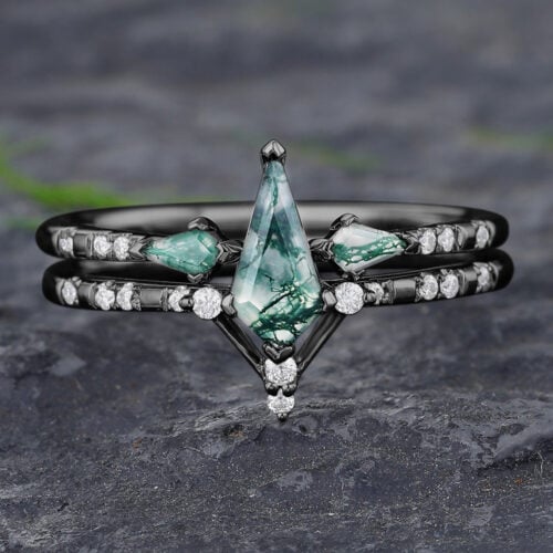 Kite Cut Moss Agate Black Gold Engagement Ring Set