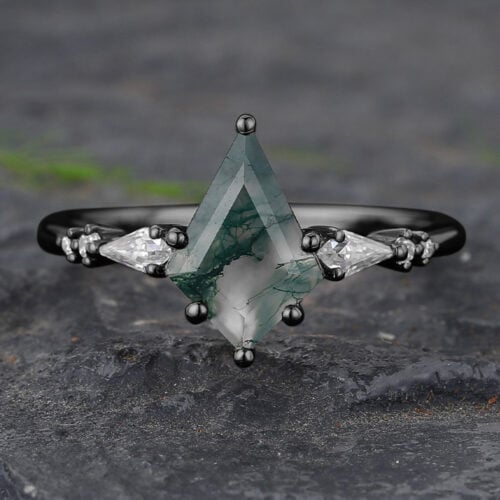 Kite Cut Moss Agate & Diamond Engagement Ring Black Gold Ring