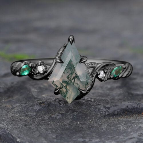 Kite Cut Moss Agate Engagement Ring with Emerald Accented Black Gold