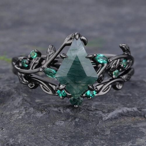 Kite Cut Moss Agate Nature Inspired Engagement Ring Set