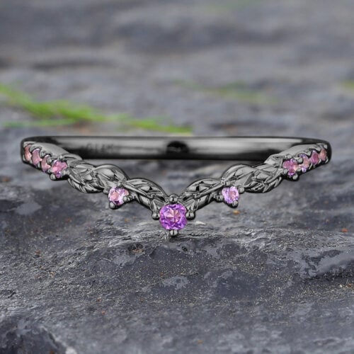 Leaf Design Black Gold Amethyst Wedding Band
