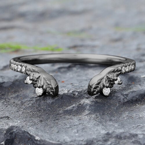Leaf Design Black Gold Moissanite Open Wedding Band