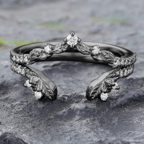 Leaf Design Black Gold Moissanite Wedding Ring Set Stacking Rings