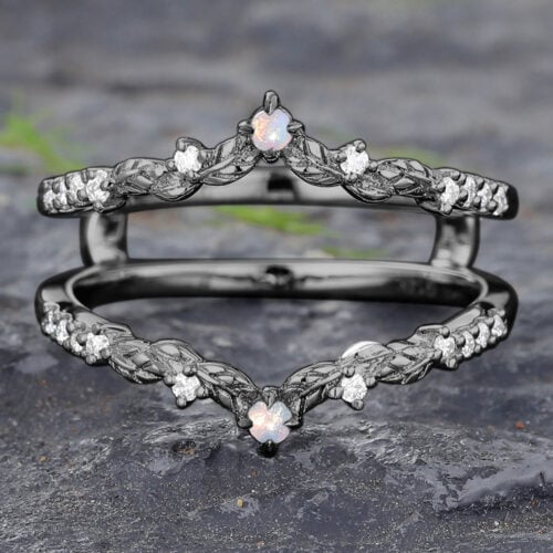 Leaf Design Black Gold Opal & Diamond Double Wedding Band