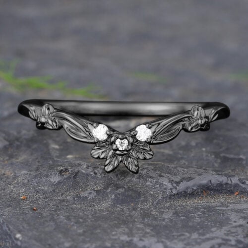 Leaf & Flower Black Gold Moissanite Curved Wedding Band