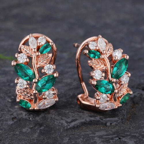 Leaf-Inspired Emerald & Moissanite Omega Back Earrings
