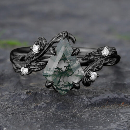 Leaf & Vine Black Gold Kite Cut Moss Agate Engagement Ring