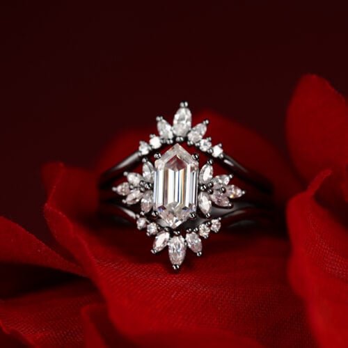 Long Hexagon Cut Moissanite Cluster Bridal Ring Set