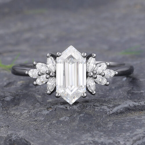 Long Hexagon Cut Moissanite Engagement Ring with Marquise Cluster