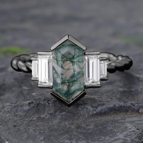 Long Hexagon Cut Moss Agate Twisted Engagement Ring in Black Gold