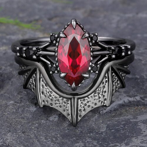 Marquise Cut Lab Ruby Engagement Ring Set with Batwing Band