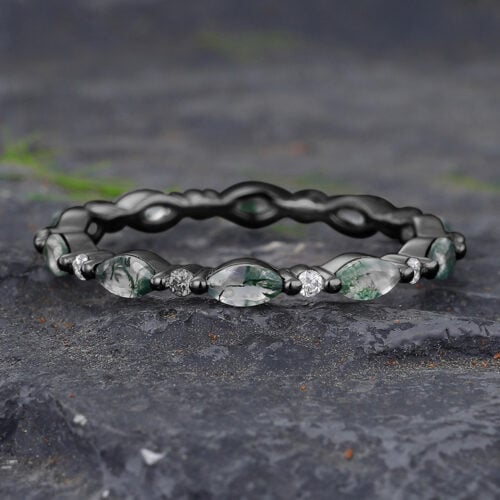 Marquise Cut Moss Agate Full Eternity Wedding Band Black Gold