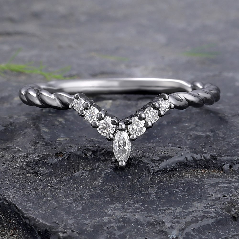 Moissanite Curved Wedding Band with Twisted Band Design