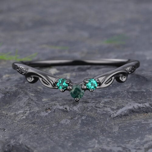 Moss Agate & Emerald Natural Inspired Curved Wedding Band