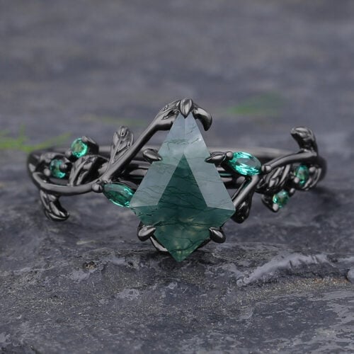 Moss Agate Engagement Ring Nature Inspired Ring Black Gold